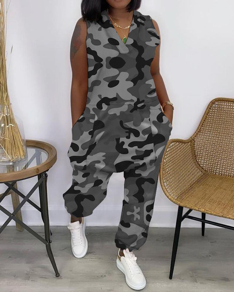 

Camouflage V-neck Long Jumpsuit, Gray
