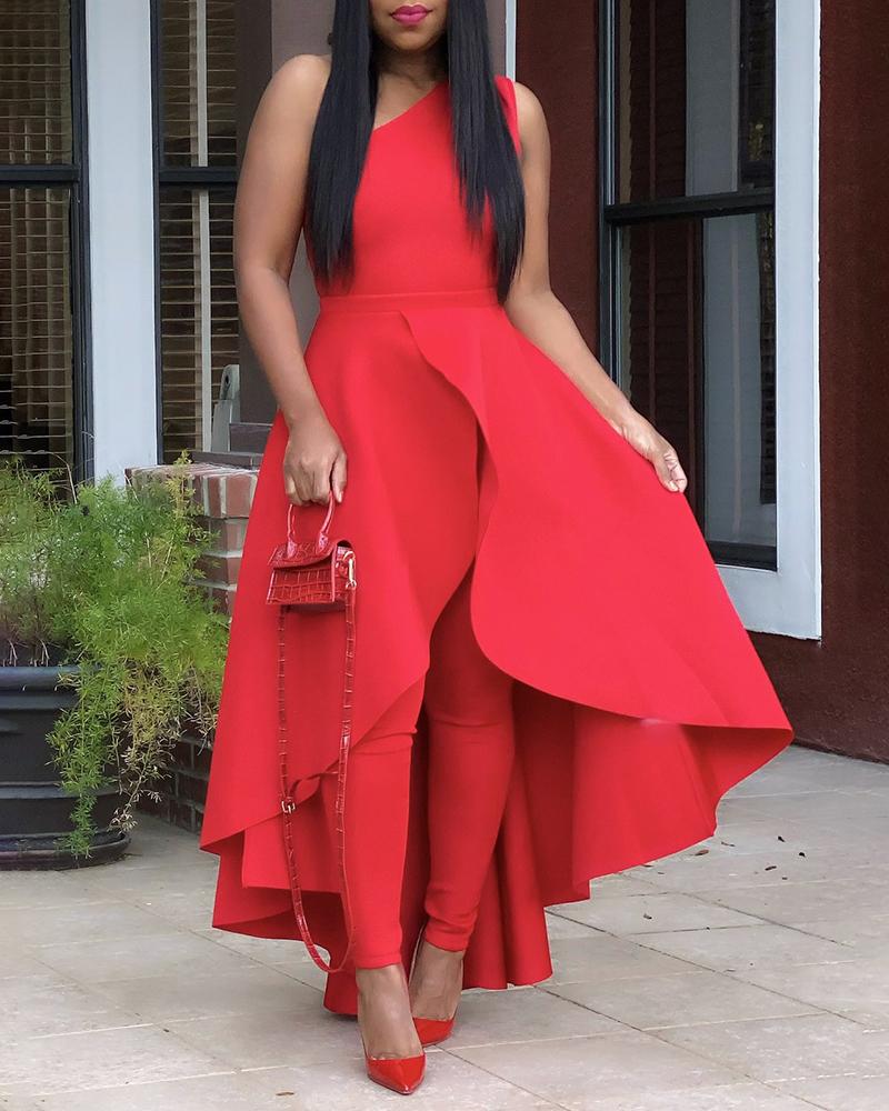 

One Shoulder Ruffles Asymmetrical Jumpsuit, Red