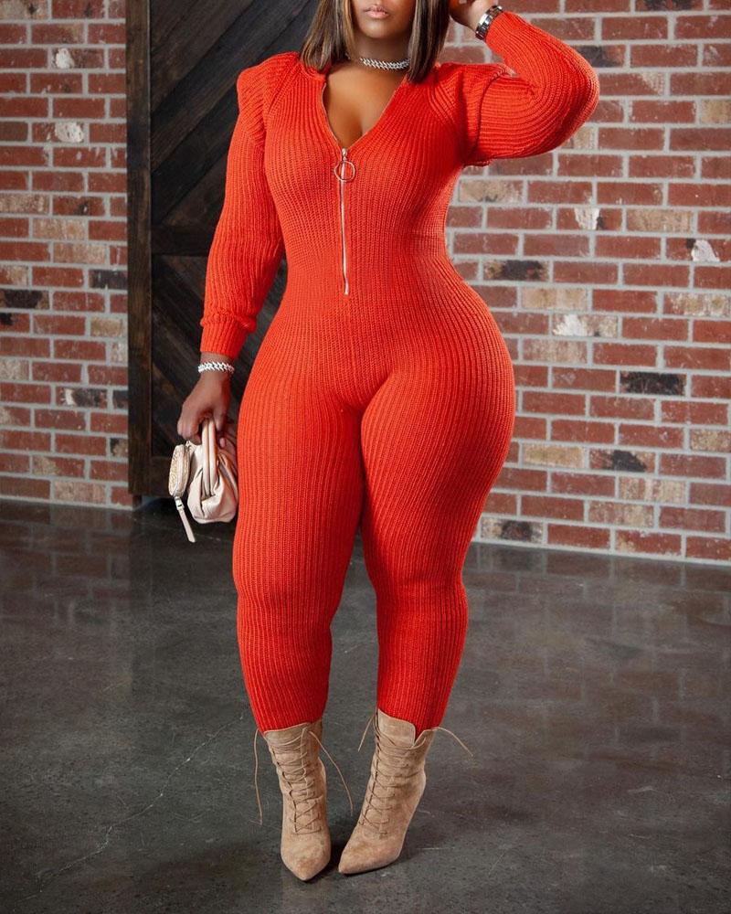 

Plus Size Shoulder Pad Zip Front Knit Hooded Jumpsuit, Orange