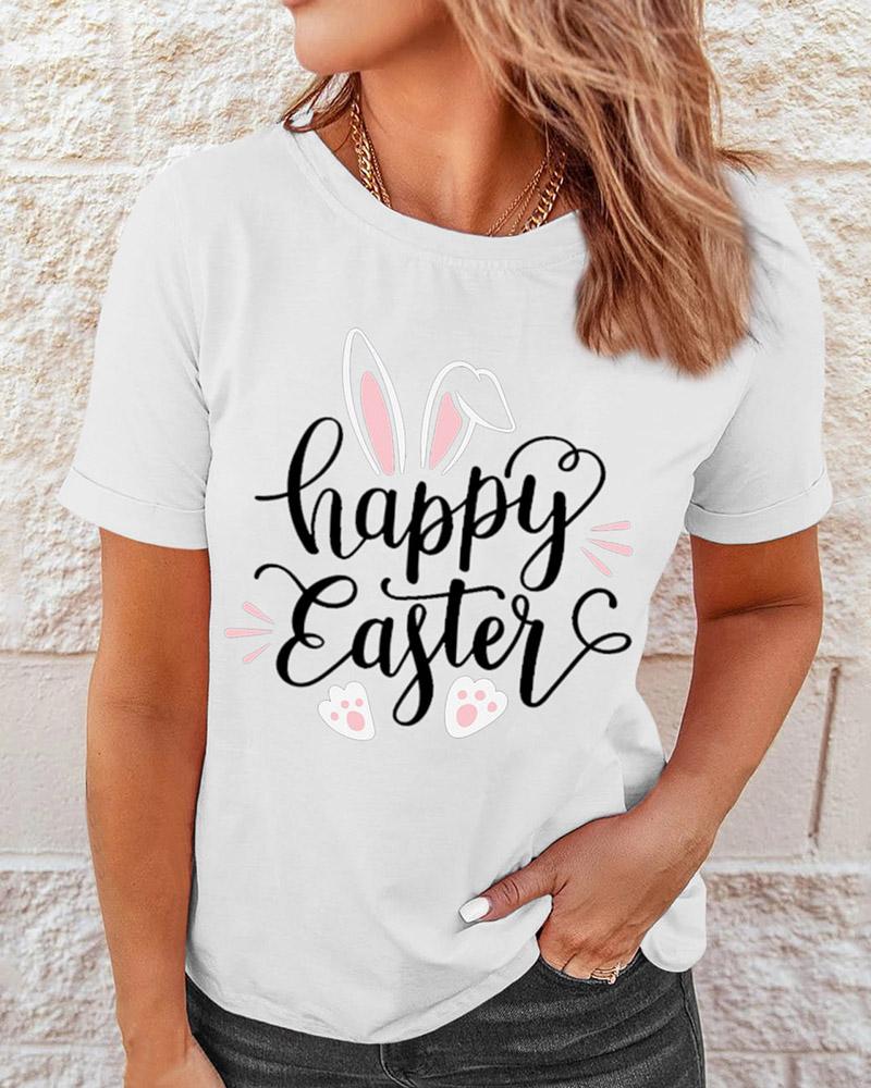 

Happy Easter Bunny Letter Print Crew Neck Casual T-shirt, White