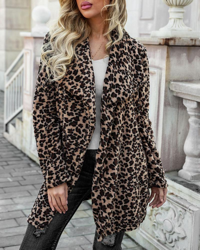 

Cheetah Print Open Front Long Sleeve Teddy Coat, Leopard