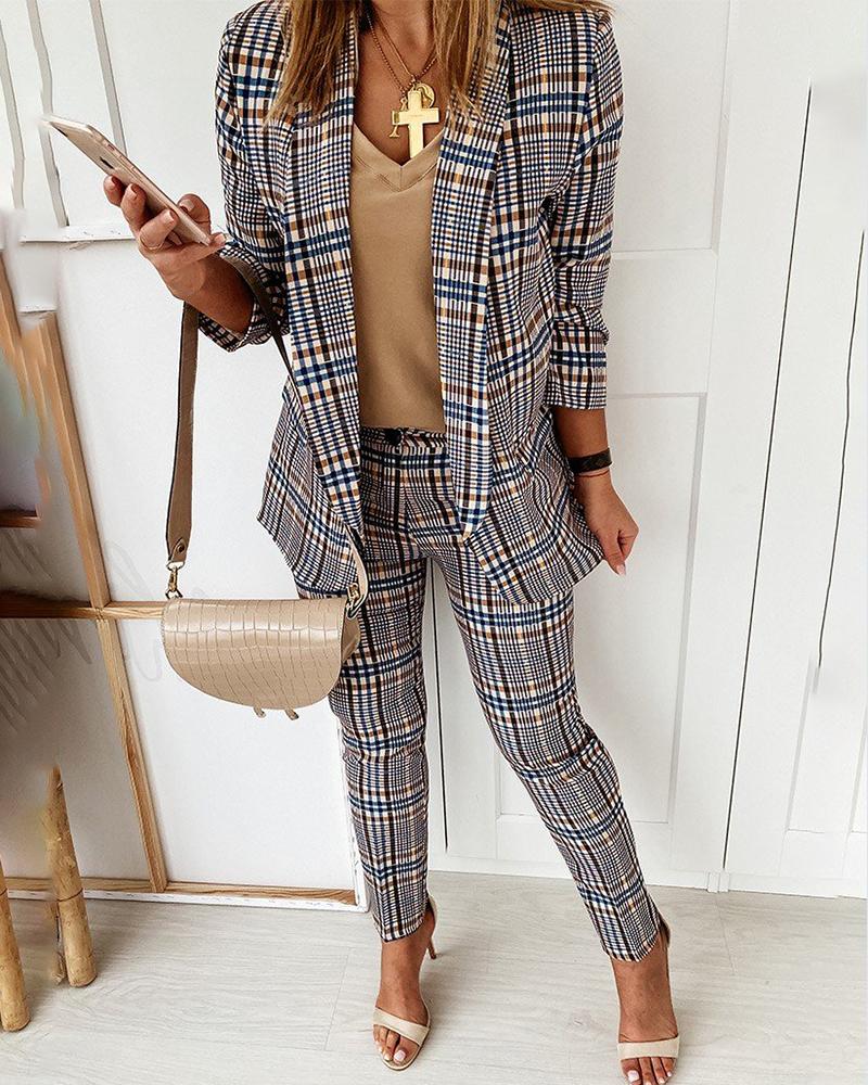 

Plaid Print Blazer Coat & Single Button Pants Set, Multicolor