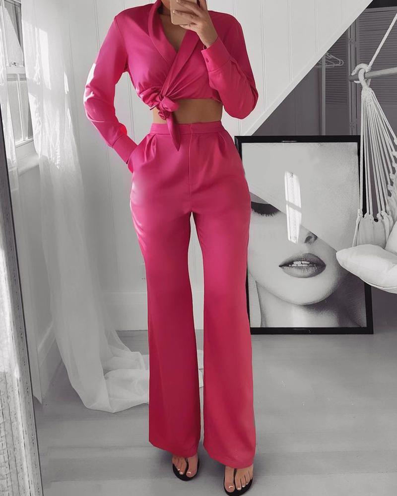 

Tied Detail Crop Blazer & Bootcut Pants Set, Hot pink