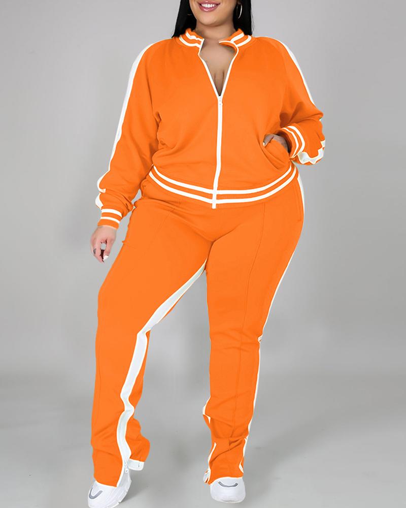 

Plus Size Cold Shoulder Striped Tape Zipper Design Top & Pants Set, Orange