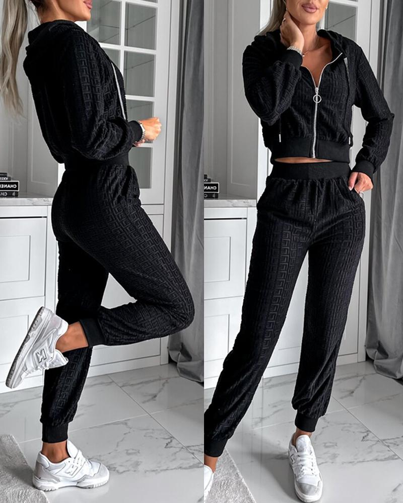 

Geometric Textured Drawstring Hooded Top & Pants Set, Black