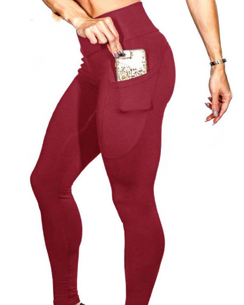 

Pocket Design High Waisted Yoga Pants Workout Butt Lifting Leggings Tummy Control Yoga Pants, Wine red