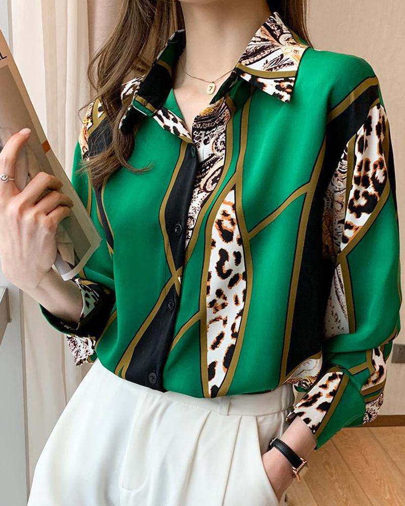 

Button Decor Colorblock Leopard Print Long Sleeve Top, Green