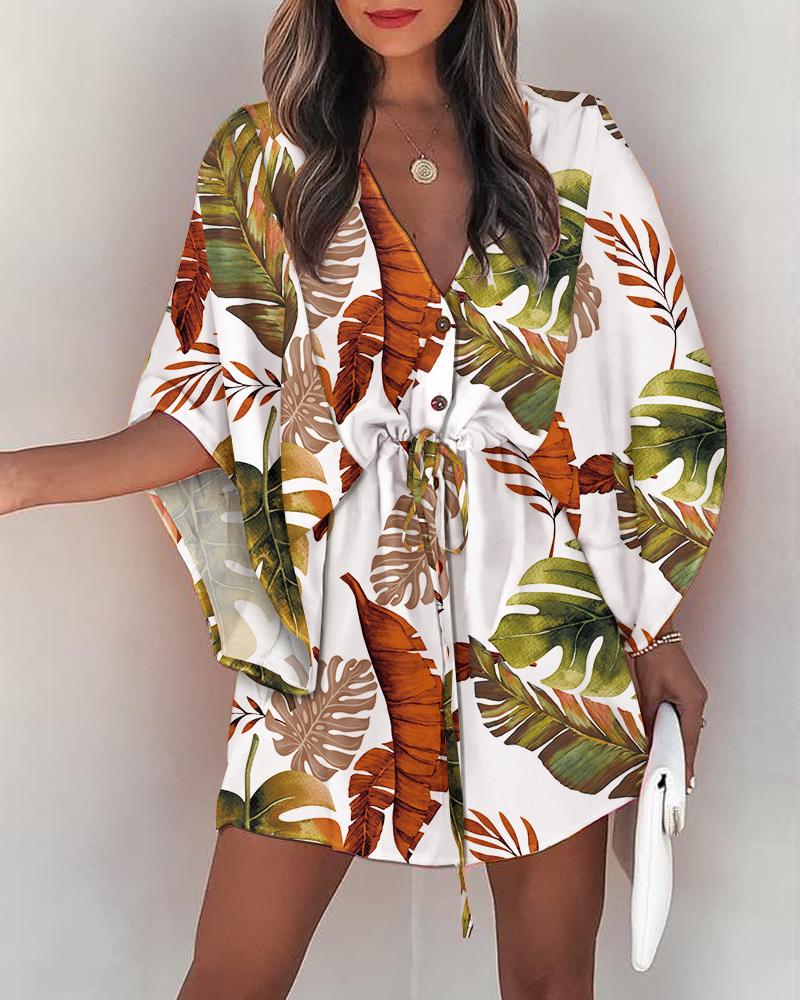 

Tropical Print Button Front Drawstring Casual Dress, Multicolor