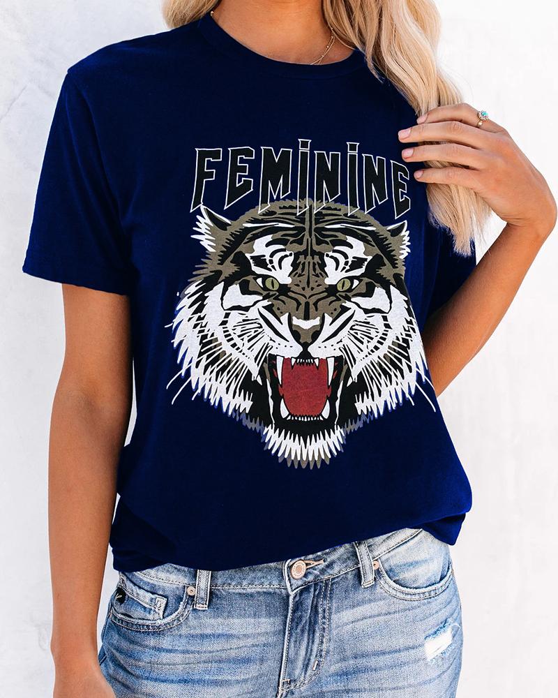 

Tiger Letter Print Casual T-shirt, Dark blue