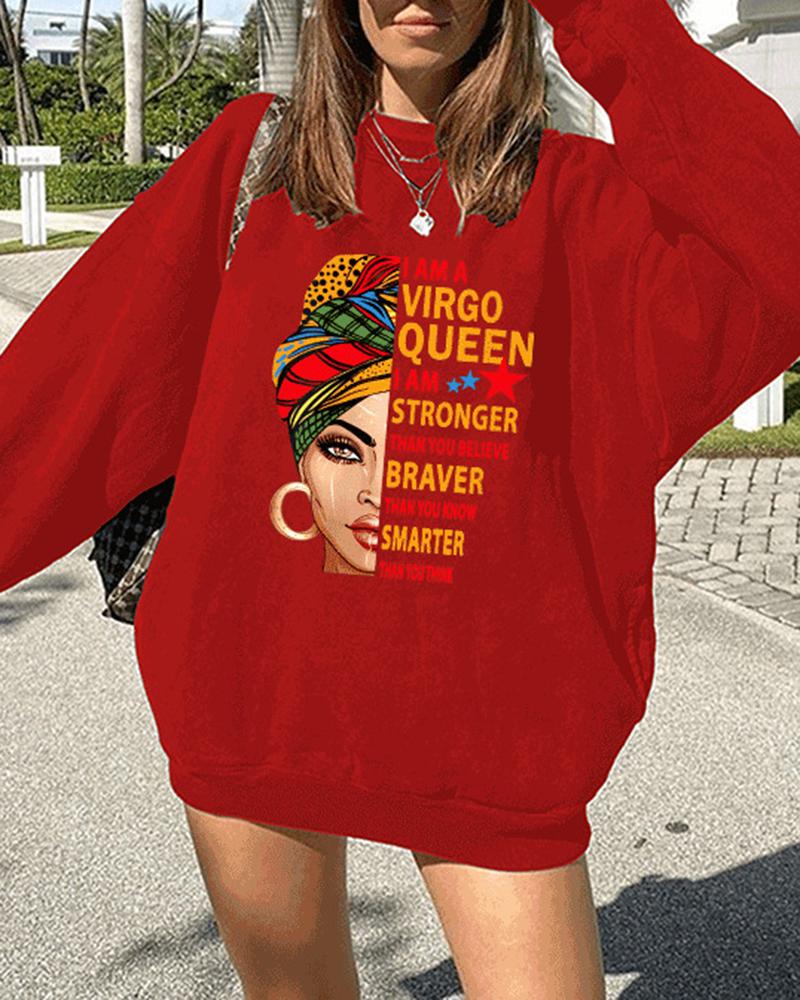 

Figure Letter Print Long Sleeve Sweatshirt, Red