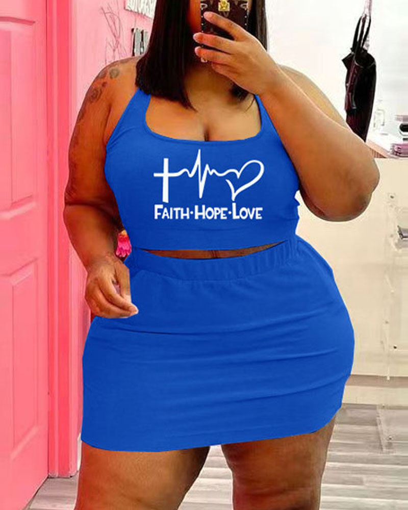 

Plus Size Letter Heart Print Crop Tank Top & Skirt Set, Blue