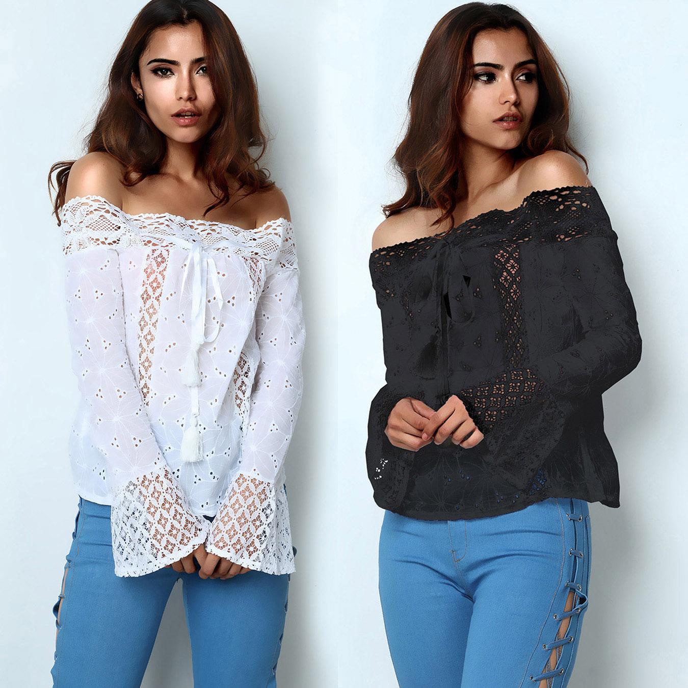 

Stylish Lace Off Shoulder Casual Blouse, White