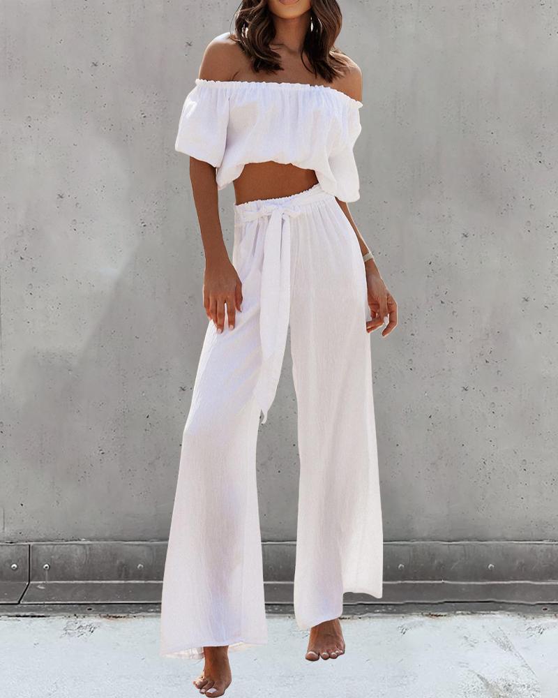 

Off Shoulder Top & Wide Leg Pants Set, White