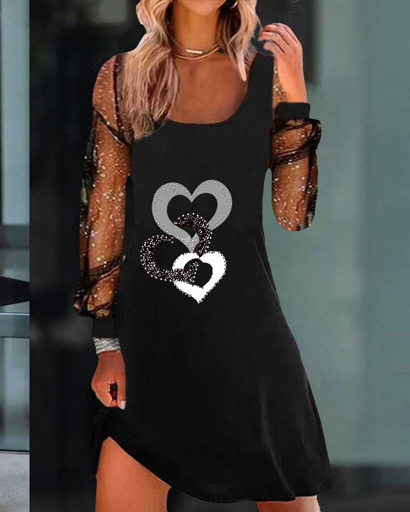

Heart Print Sheer Mesh Long Sleeve Casual Dress, Black