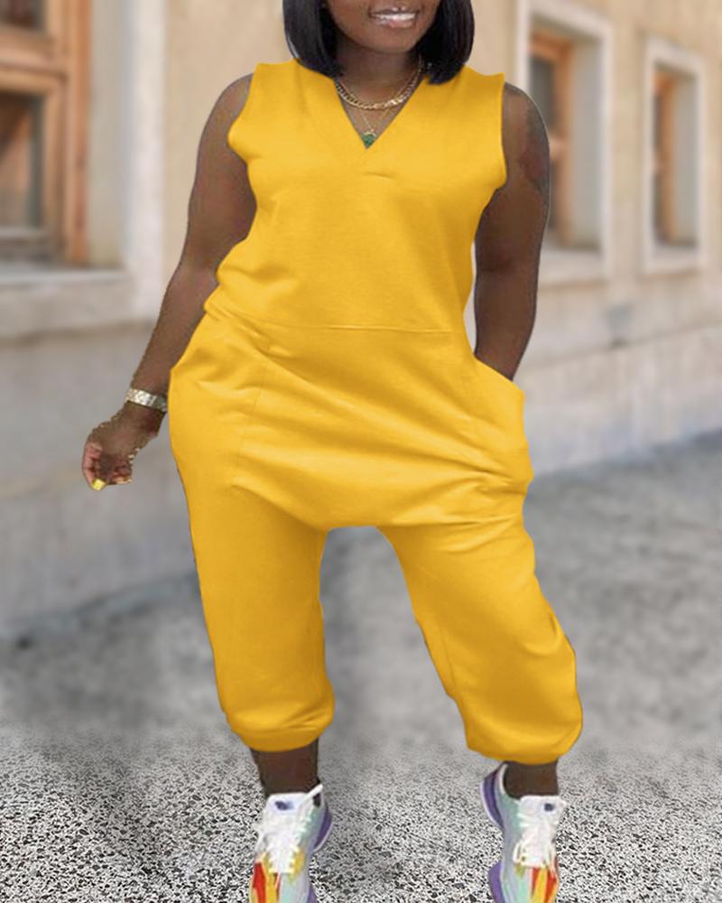 

Plus Size V-Neck Pocket Design Sleeveless Jumpsuit, Yellow
