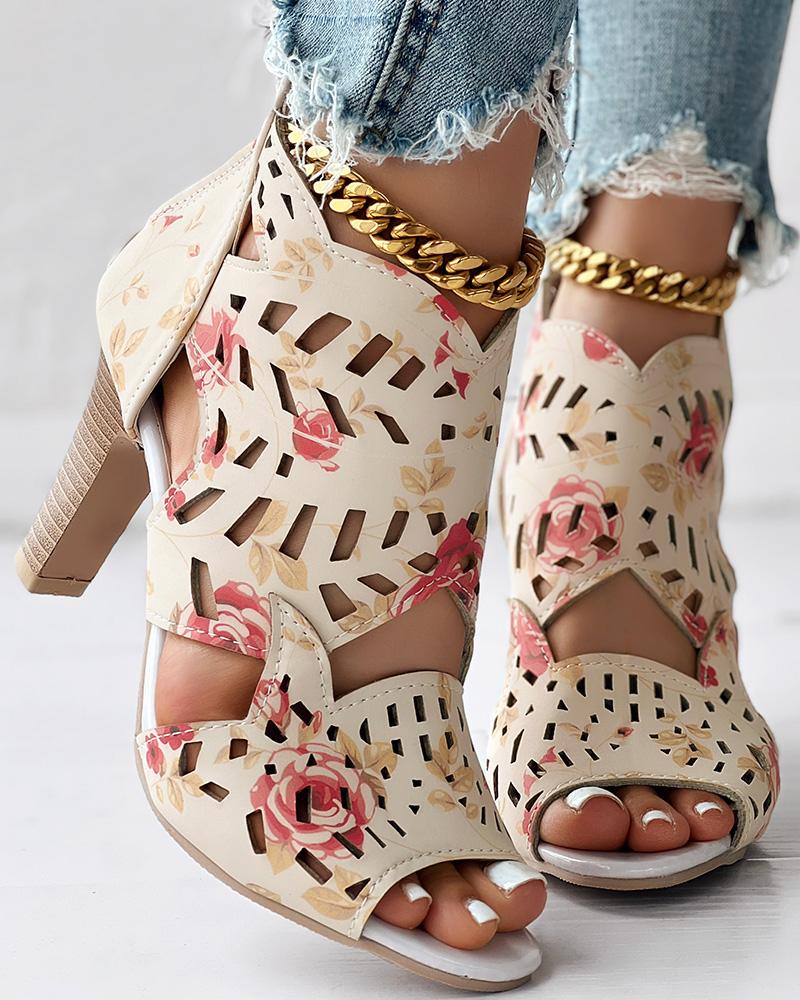 

Peep Toe Hollow Out Chunky Heeled Sandals, Apricot