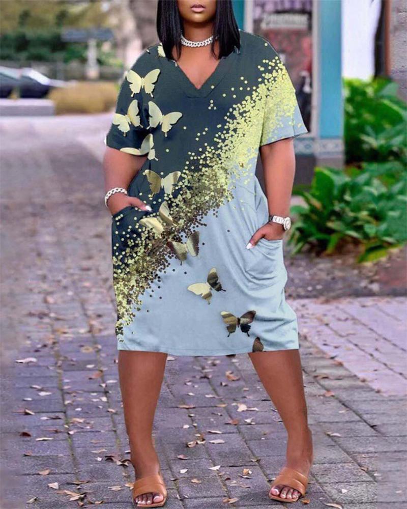 

Plus Size Butterfly Print Colorblock Pocket Design Casual Dress, Gray