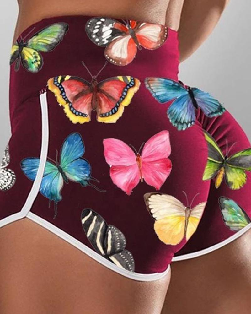 

Mulitcolor Butterfly Skinny Slit High Waist Shorts, Wine red