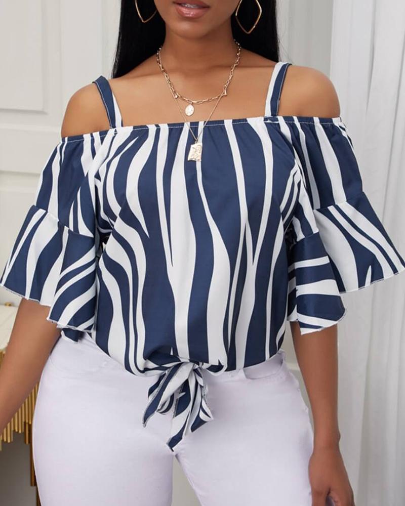 

Zebra Stripe Print Cold Shoulder Bell Sleeve Top, Blue