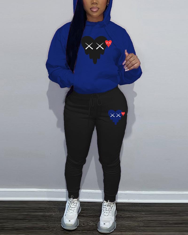 

Heart Print Long Sleeve Drawstring Hoodie & Pants Set, Blue