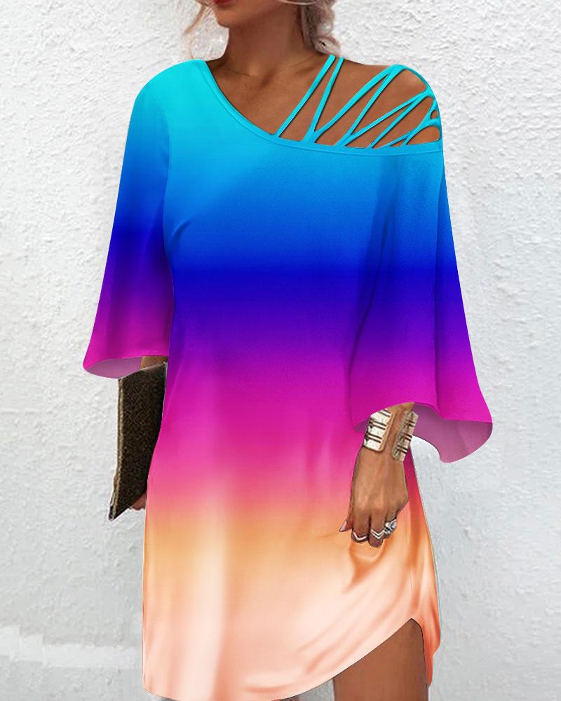 

Ombre Cold Shoulder Bell Sleeve Casual Dress, Multicolor