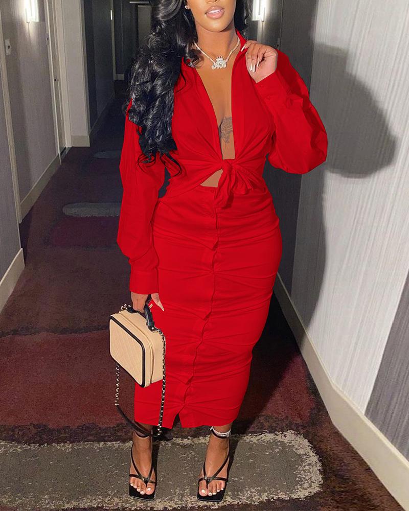 

Long Sleeve Knot Front Top & Button Through Skirt Set, Red