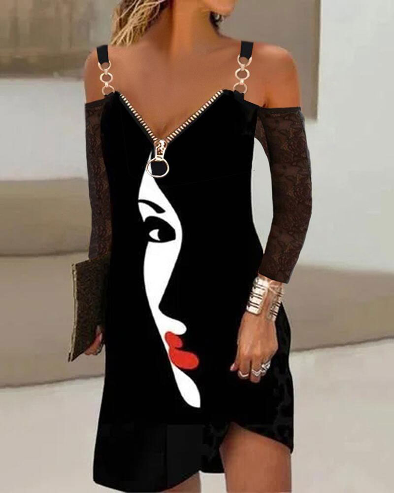 

Abstract Figure Print Cold Shoulder Casual Dress, Black
