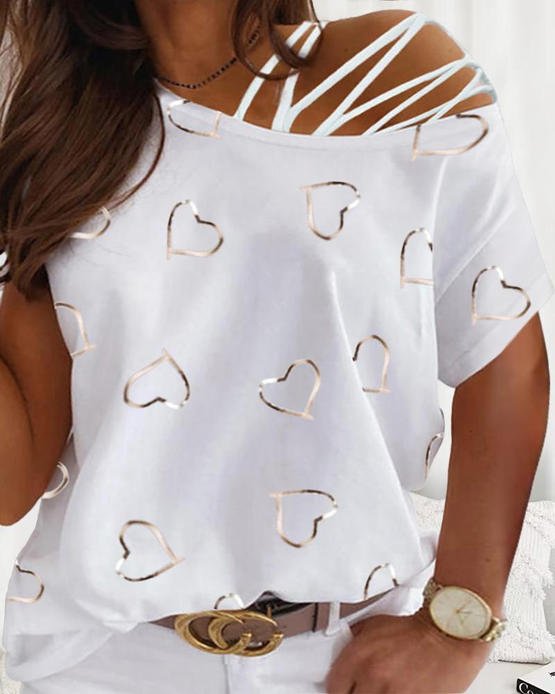 

Plus Size Heart Print Cold Shoulder Top, White