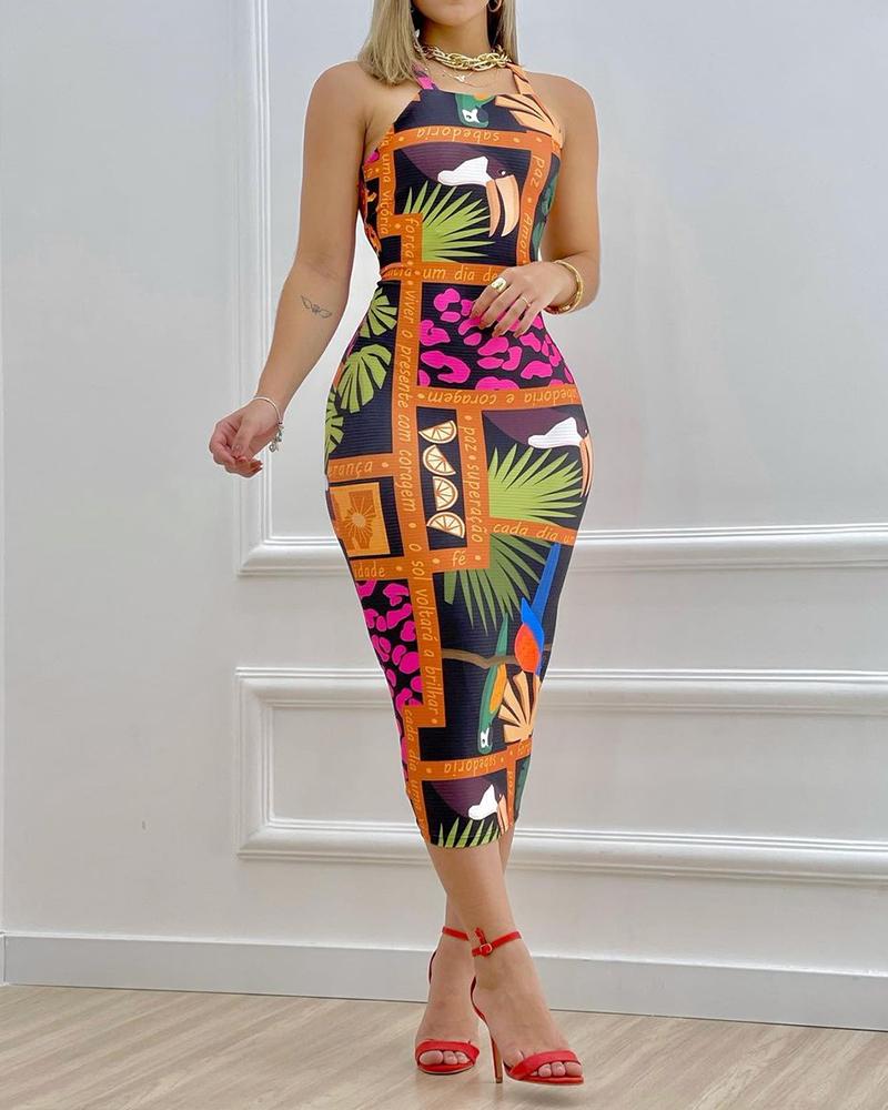 

Graphic Print Sleeveless Bodycon Dress Chic Square Neck Skinny Midi Dress, Multicolor