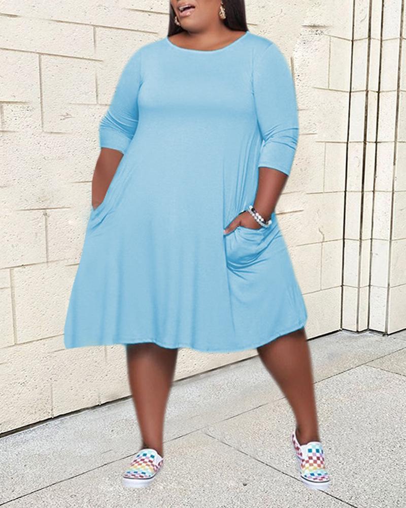 

Plus Size Plain Pocket Detail Casual Dress, Blue