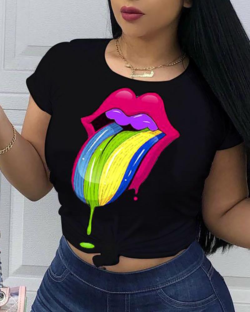 

Colorful Lips Short Sleeve T-Shirt, Black