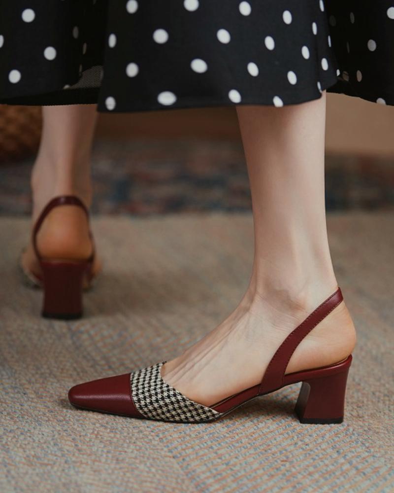 

Square-toe Color Block Splicing Houndstooth Print Hollow-out High Heels, Coffee