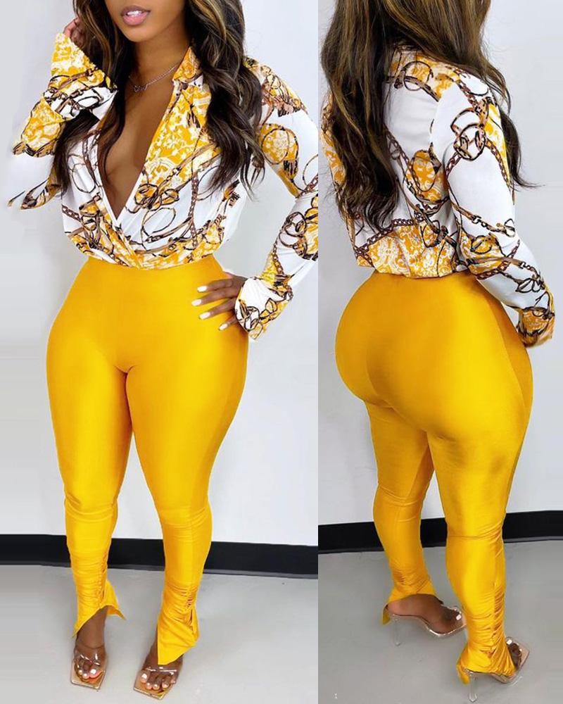 

Floral Chain Print Bell Sleeve Top & Skinny Pants Set, Yellow