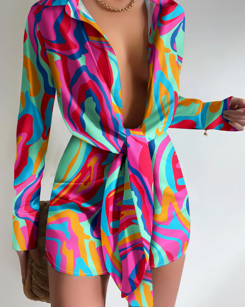 Abstract Print Tied Detail Long Sleeve Shirt Dress