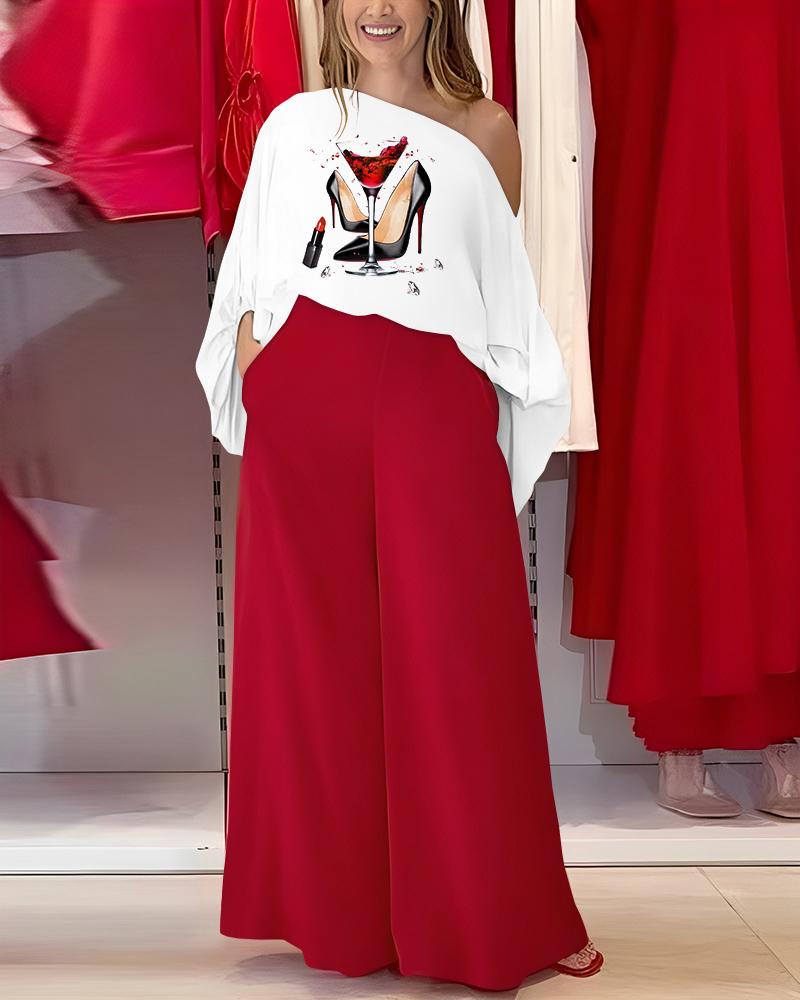 

Wine Glass Graphic Print Lantern Sleeve Top & Wide Leg Pants Set, Red