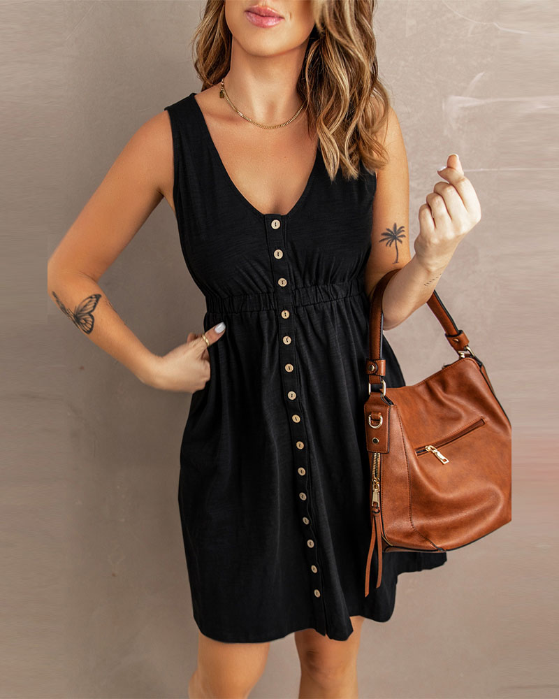 

Button Front Sleeveless V-Neck Casual Dress, Black