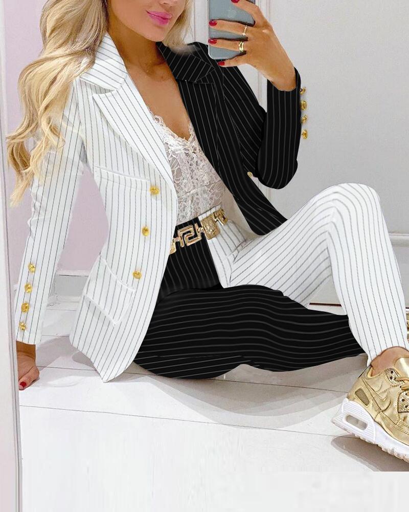 

Colorblock Striped Lapel Collar Double Breasted Blazer & Tailored Pants Set, White