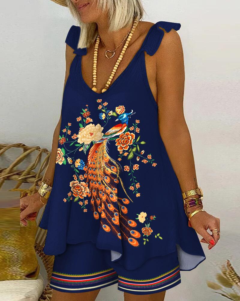 

Peacock Floral Print Sleeveless Flowy Top & Shorts Set, Purplish blue