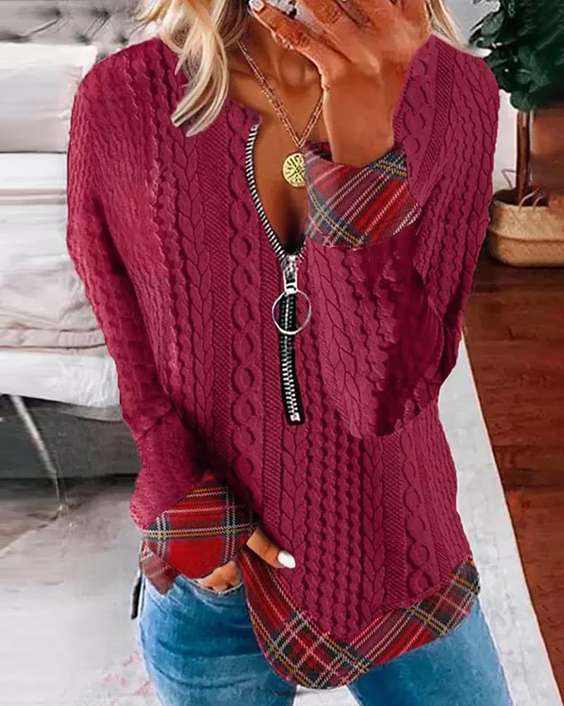 

Plaid Print Zipper Design Cable Textured Sweatshirt, Wine red