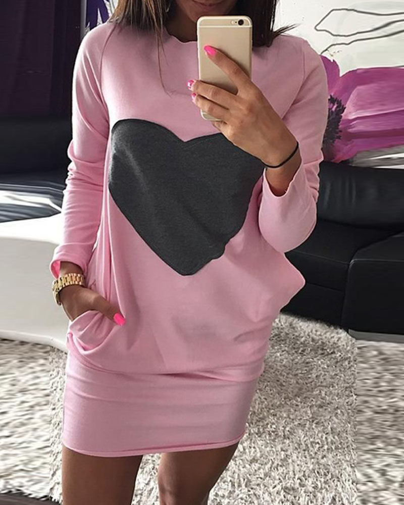 

Heart Print Long Sleeve Casual Sweatshirt Dress, Pink