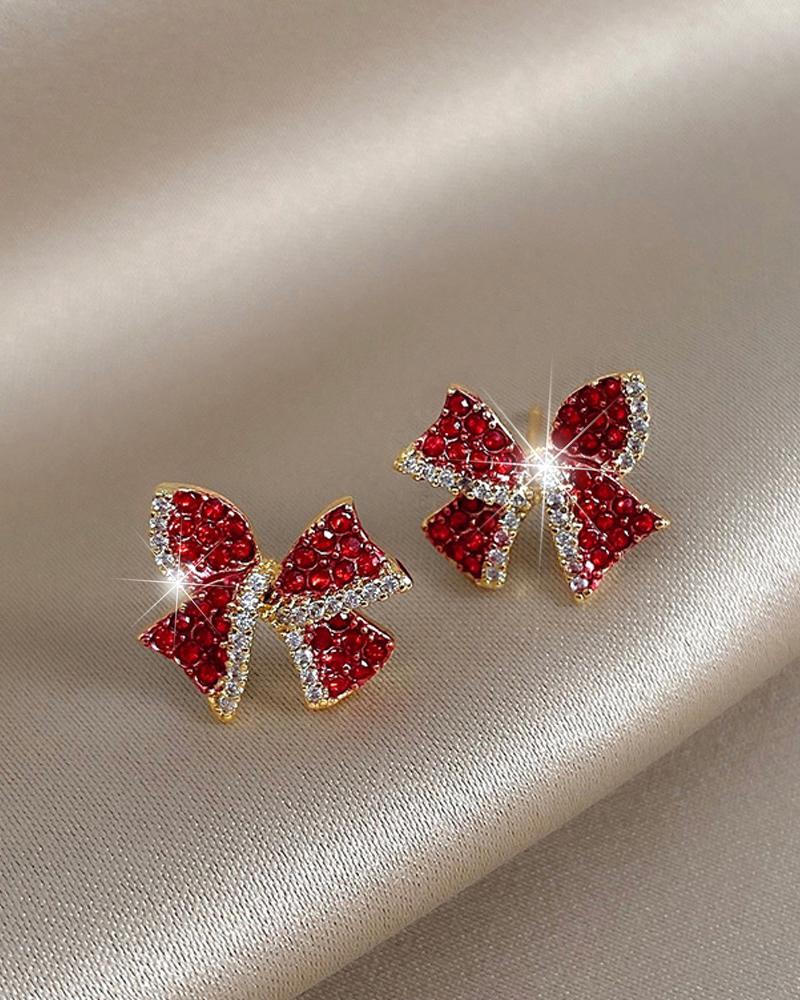 1Pair Christmas Rhinestone Bowknot Shaped Earrings