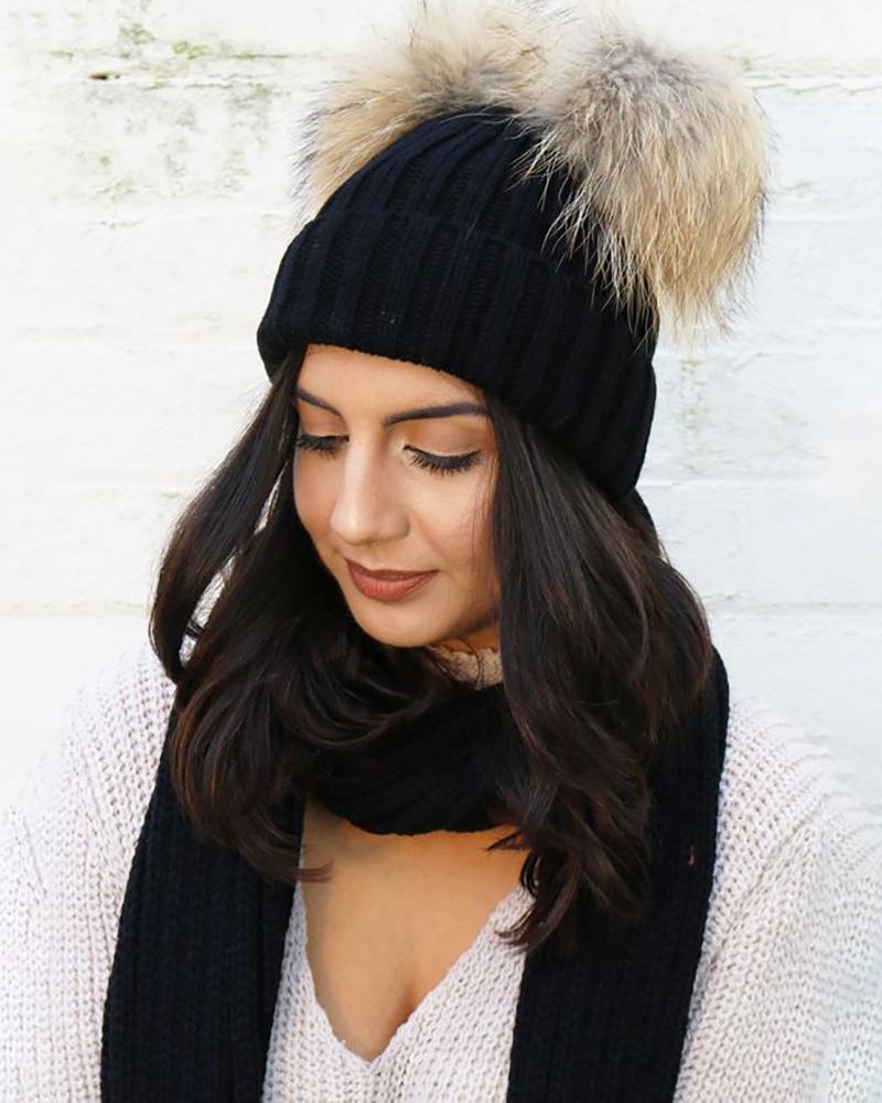 

Knit Double Pom Pom Decor Cuffed Beanie For Adult, Black