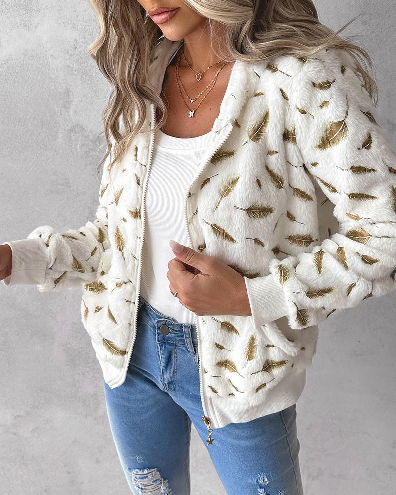 

Feather Pattern Zipper Design Teddy Coat, White