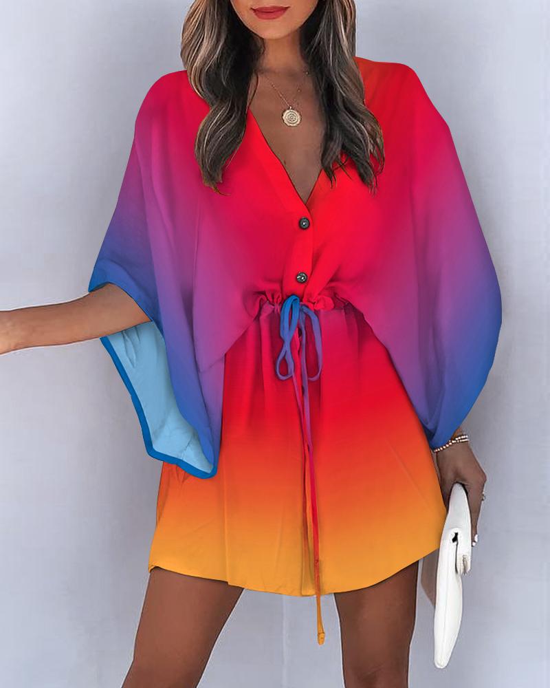 

Ombre Print Batwing Sleeve Drawstring Casual Dress, Multicolor