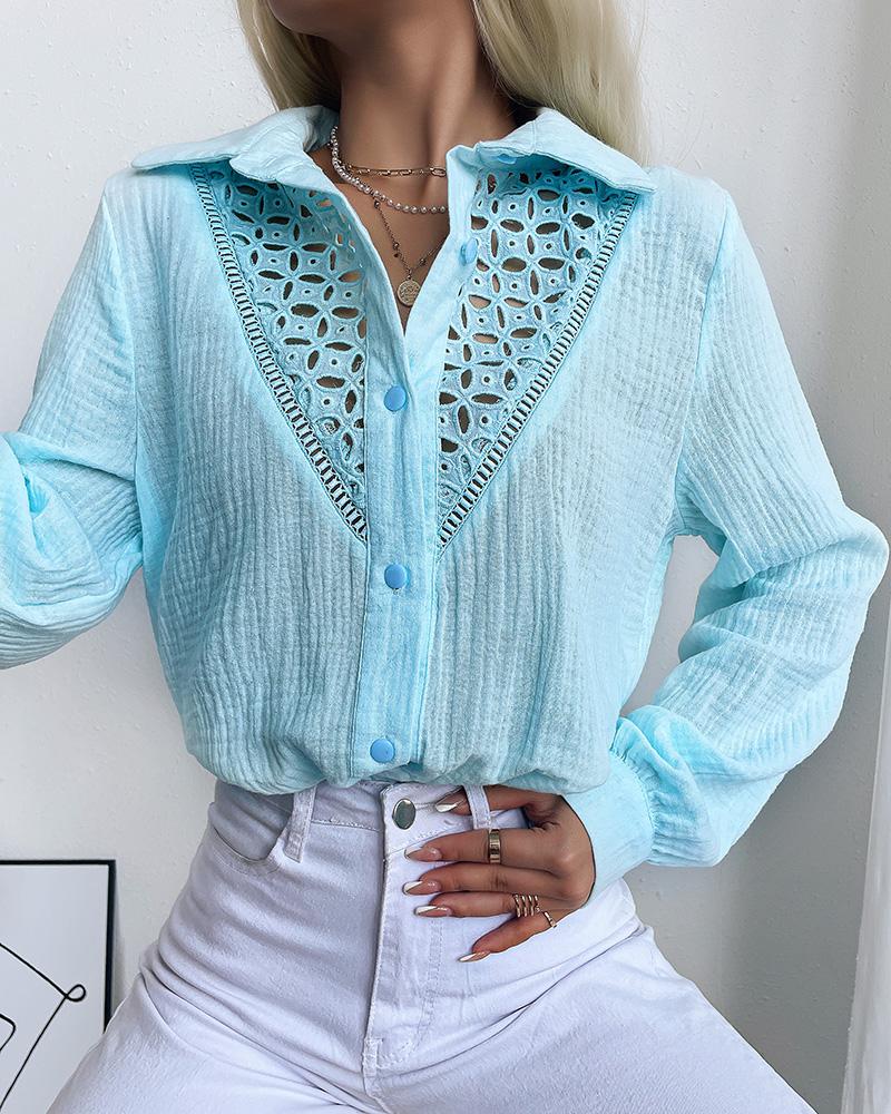 

Cutout Lantern Sleeve Button Front Shirt, Blue