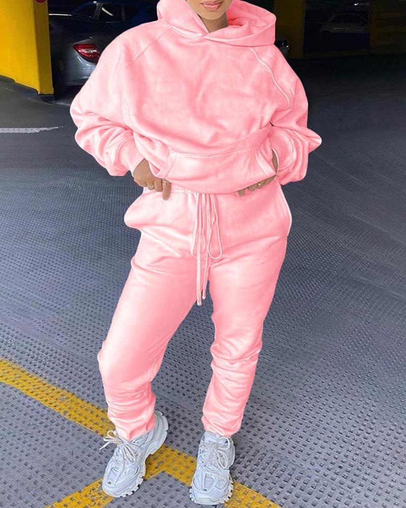 

Pocket Design Hooded Top & Drawstring Pants Set, Pink