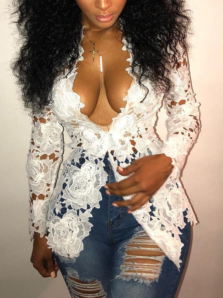 

Low Cut Floral Lace Women Top, White