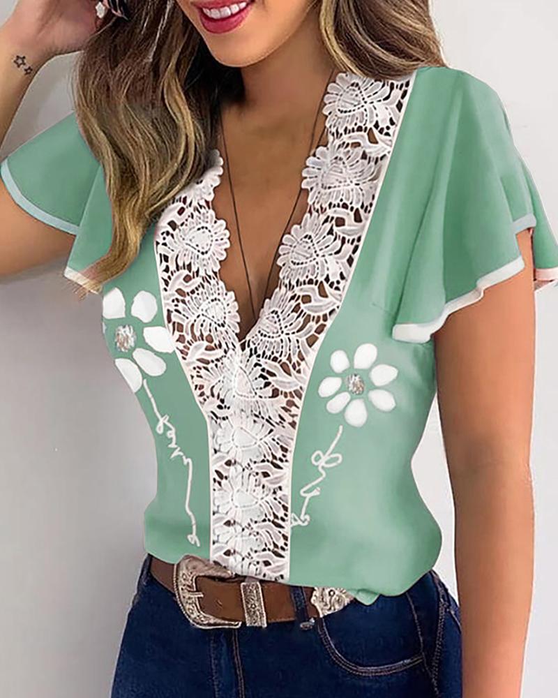 

Ruffles Hem Contrast Lace Trim Top, Green