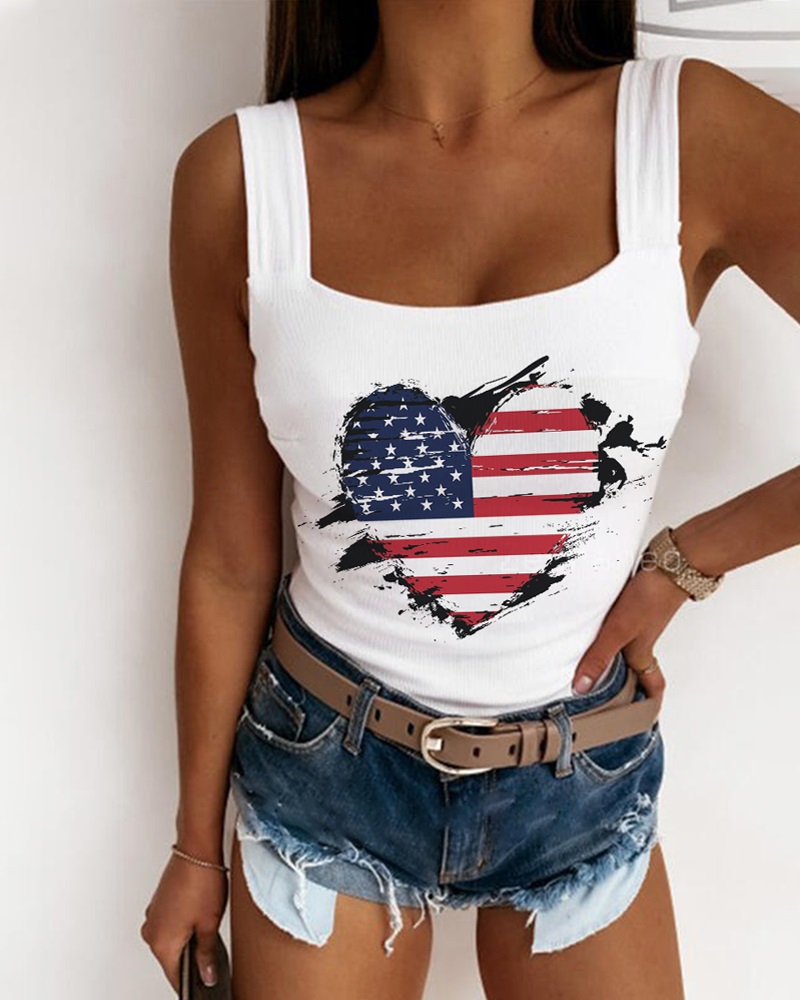 

Camiseta sin mangas con estampado de corazón y bandera del Día de la Independencia, White