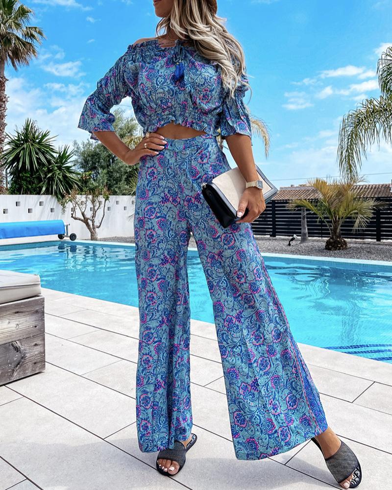 

Off Shoulder Floral Print Top & Wide Leg Pants Set, Blue